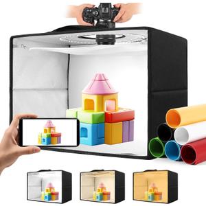 Photo Light Box, 16"x12"x12" Foldable Photography Light Box with CRI>95 120 Light Beads. Dimmable Shooting Tent Kit with White and Warm Light. 6 Color Backdrops Photo Booth for Studio Products Display