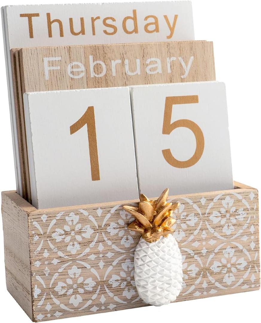 Notakia Vintage Wood Block Perpetual Calendar Month Week Date Display for Home Office Desk Rustic Decoration, Brown pineapple