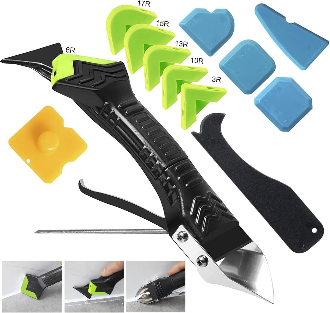 Caulking Tool 5 in 1 Silicone Caulking Grout Removal Sealant Finishing Tool with Grout Scraper, 6 Exchange Silicone Pads, Adhesive Residue Scraper Seam Repair Kit for Kitchen Bathroom (Green)