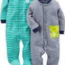 Simple Joys Baby Boy's 2 pack Cotton Footed Sleep and Play Sleepwear, Navy Stripe/ Turq Stripe, Newborn