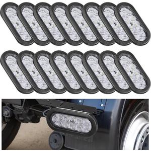 16 Pcs 6 Inch Oval LED Trailer Reverse Lights, 10 LED Backup Tail Lights IP67 Waterproof Submersible Marker Light with 3 Pin Water Tight Plug with Wires for Boat RV Trucks (White)