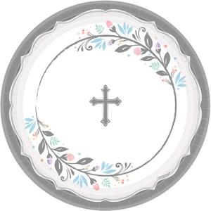 Amscan White & Gray Holy Day God Bless Round Paper Plates (Pack of 18) - Elegant Design Disposable Plates, Perfect for Religious Celebrations, 7"