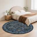Round Rug 4ft Vintage Boho Small Circular Rug Washable Circle Rug Non-Slip Low Pile for Bedroom Kids Room Office Entryway College Dorm Bathroom, Blue