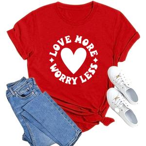 MAIHUN Valentines Day Shirt Love More Worry Less Shirts Women Happy Smile Face Tshirt Short Sleeve Casual Tee Tops (Red, XL)