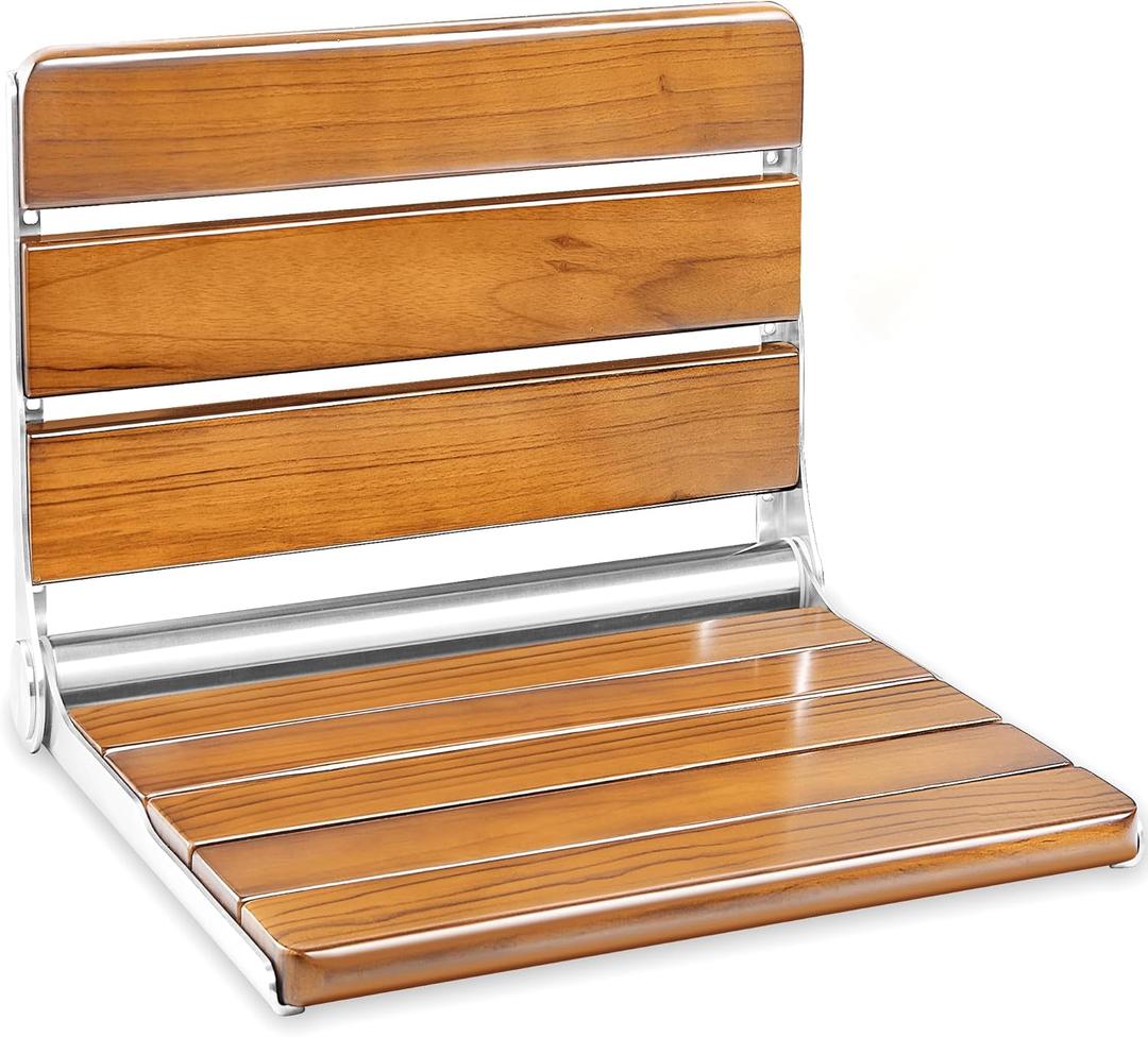 Updated 20" Folding Teak Shower Seat Wall Mounted, Fold Down Shower Bench Teak Wood, Foldable Teak Shower Seat 400 lbs Capacity, Waterproof Wall-Mounted Shower Chair for Elderly & Disabled