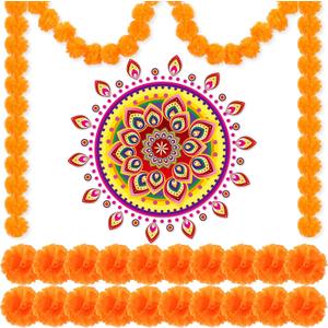 23 Pcs Diwali Decoration Set - Rangoli Stickers, 5 Ft Marigold Garland, 20 Pcs Marigold Flowers for Indian Diwali Gifts & Weddings