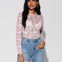 Women's Sheer Floral Long Sleeve Layering Top Ruffled Mock Neck Sheer Blouse for Casual Brunch Party Club Night Date Outfits (Pink, L)