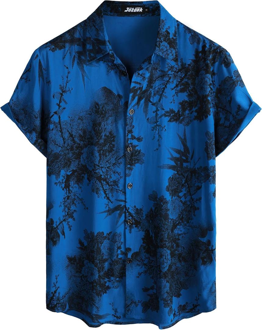 JOTOOK Mens Hawaiian Shirt Short Sleeve Button Down Tropical Shirts Casual Floral Summer Beach Shirt (Blue, XXL)
