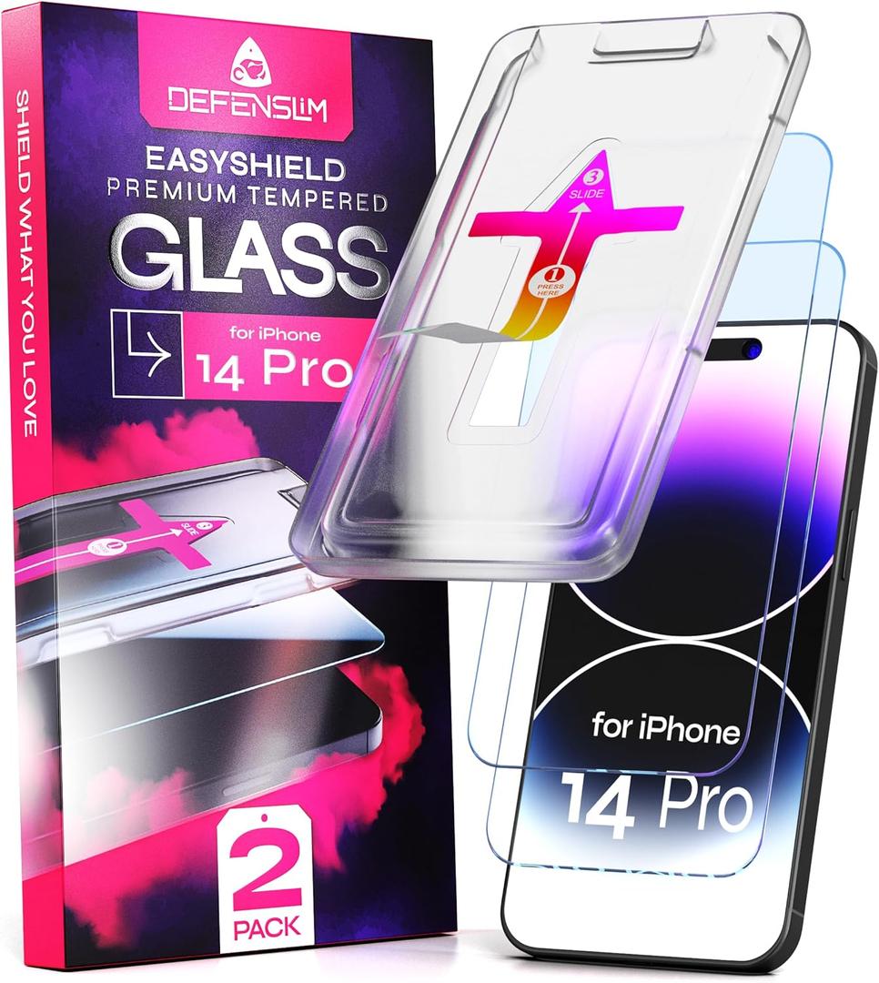 Defenslim Screen Protector for iPhone 14 Pro (2Pack), Easy Auto-Align Install Kit, 6.1" Tempered Glass, 9H Hardness, Ultra HD Clear, Case Friendly, EasyShield