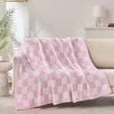 Checkered Throw Blanket, Pink Soft Cozy Fluffy Knitted Throw Blankets for Couch, Sofa, Bed, Chair, Warm Fuzzy Travel Picnic Lightweight Plaid Blanket, 50x70 inches