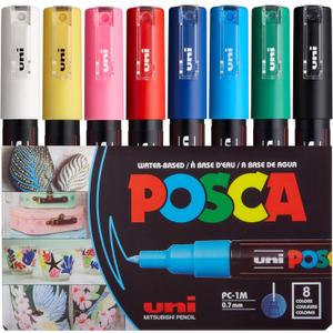 uni POSCA PC-1M Water-Based Paint Markers, Extra Fine Tip (0.7mm), Assorted Colors, 8 Pack