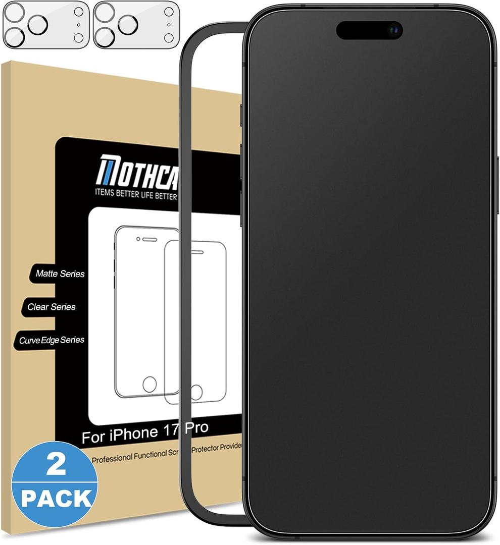 Mothca 2 Pack Matte Glass Screen Protector for iPhone 17 Pro [6.3 inch] + 2 Pack Camera Lens Protector, Anti-Glare & Anti-Fingerprint (Not Privacy) Tempered Glass, Bubble Free, Smooth as Silk