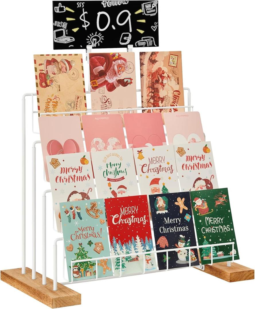 Greeting Card Display Stand, 4-Tier Greeting Card Organizer for Cards, Postcard, Photos, Brochure, Sticker, Trading Cards, Metal & Wooden Retail Display Rack for Vendors Counter Retail (White)