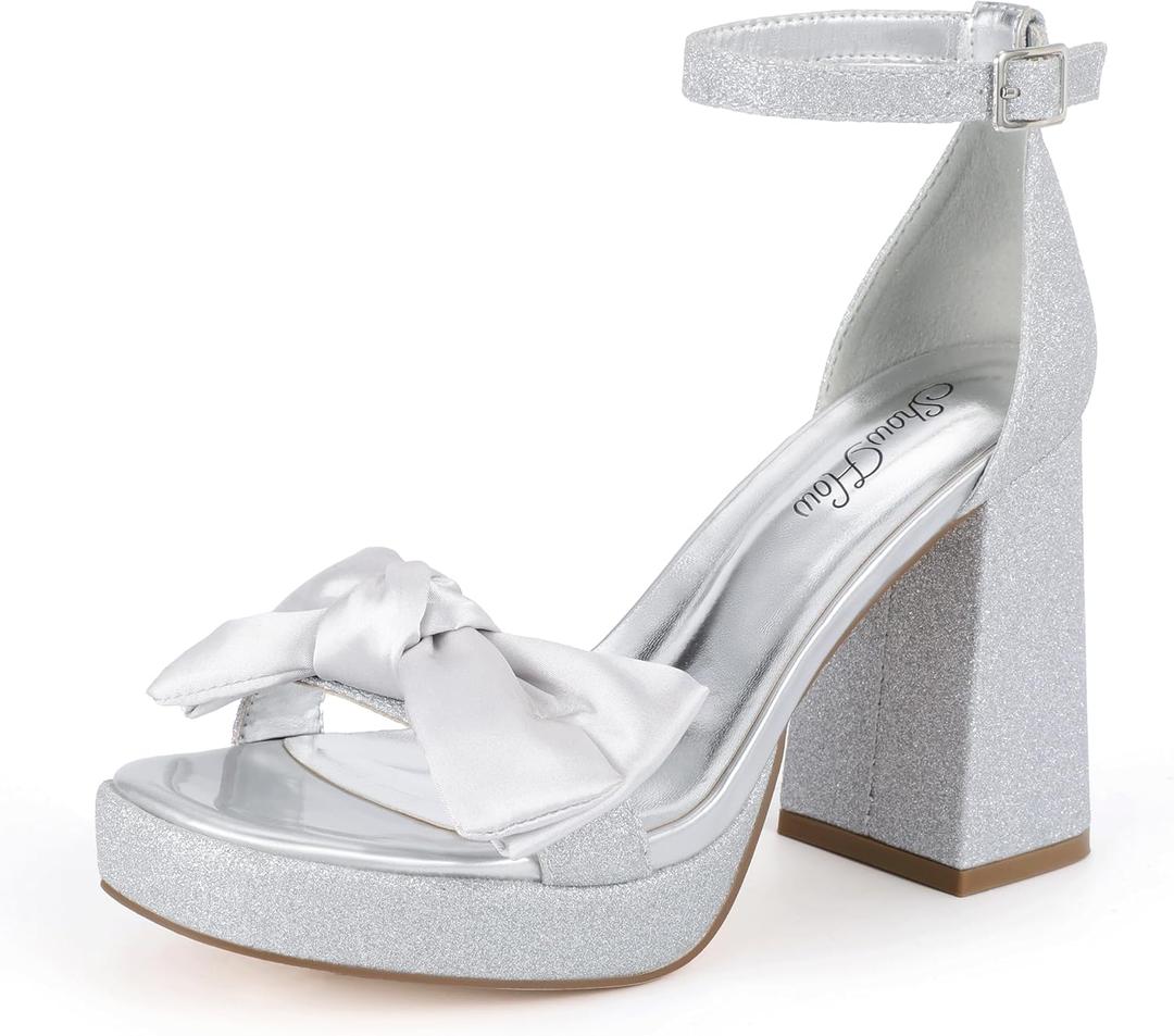 Mofri Showhow Platform Chunky Heels Women's Chunky High Heel Sandals Ankle Strap Open Toe Pump Bowknots Wedding Sandals for Wedding Bridal Party (Silver)