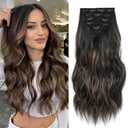 Fliace Synthetic Clip in Hair Extensions, 6PCS Natural &Soft Hair& Blends Well Lonng Wavy Hairpieces(20inch,6pcs, Black&Dark mix light brown)