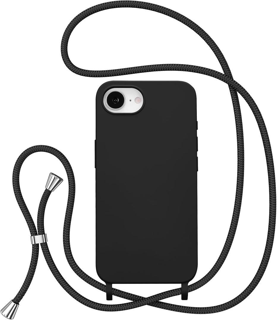 ZTOFERA for iPhone 16E/iPhone 17E 6.1 inch Case with Strap,Crossbody Phone Case with Adjustable Neck Shoulder Lanyard,Soft Silicone Shockproof Protective Phone Cover-Black