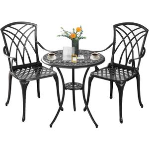 Bistro Set 3 Piece Outdoor,Cast Aluminum Outdoor Bistro Set,All Weather Bistro Table and Chairs Set of 2 with 1.97" Umbrella Hole,Patio Bistro Sets for Garden(Woven Black)