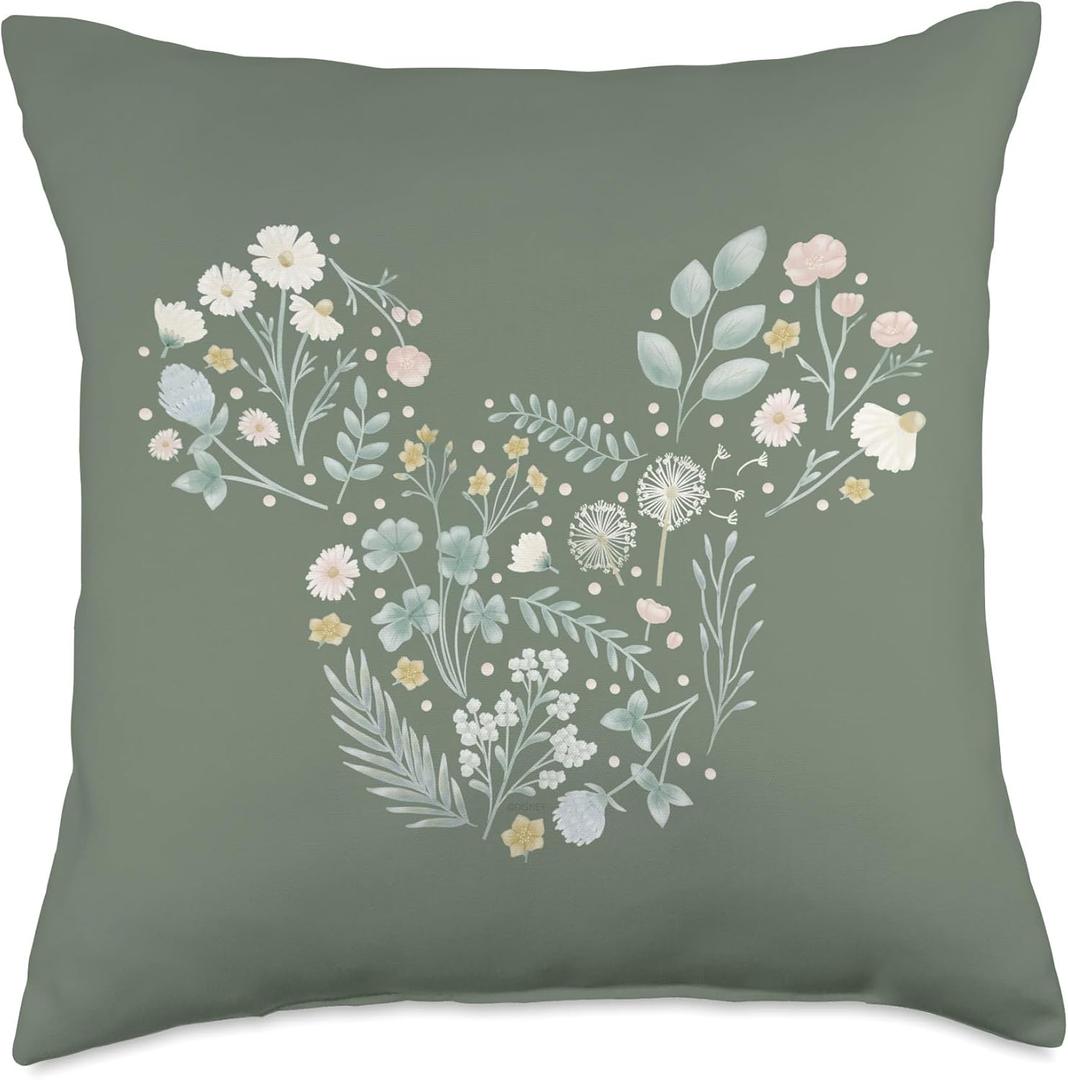 Disney Mickey Mouse Icon Spring Flowers Sage Green Throw Pillow (18x18)