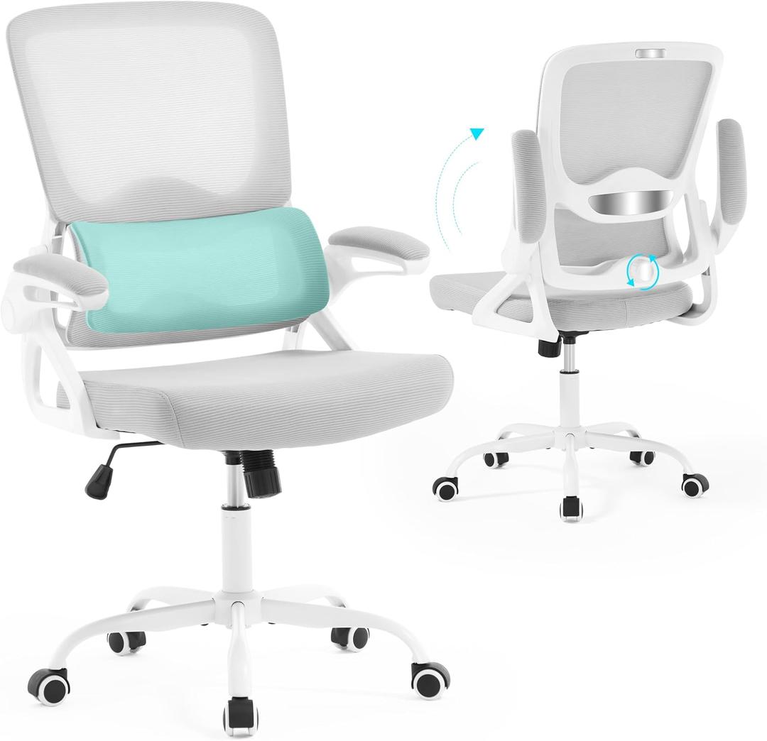 Ergonomic Office Chair,Mesh Office Chair with Lumbar Support,Mid Back Desk Chair with Flip-up Arms,400 lbs Comfy Computer Chair for Home Office (Light Grey), Standard