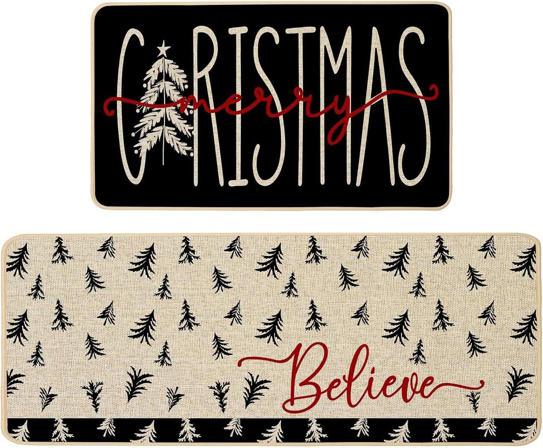 Baccessor Christmas Kitchen Rugs Set of 2, Black Christmas Trees Kitchen Mats for Floor Hallway Laundry Sink Low-Profile Winter Holiday Home Decor 17x29 and 17x47 Inch