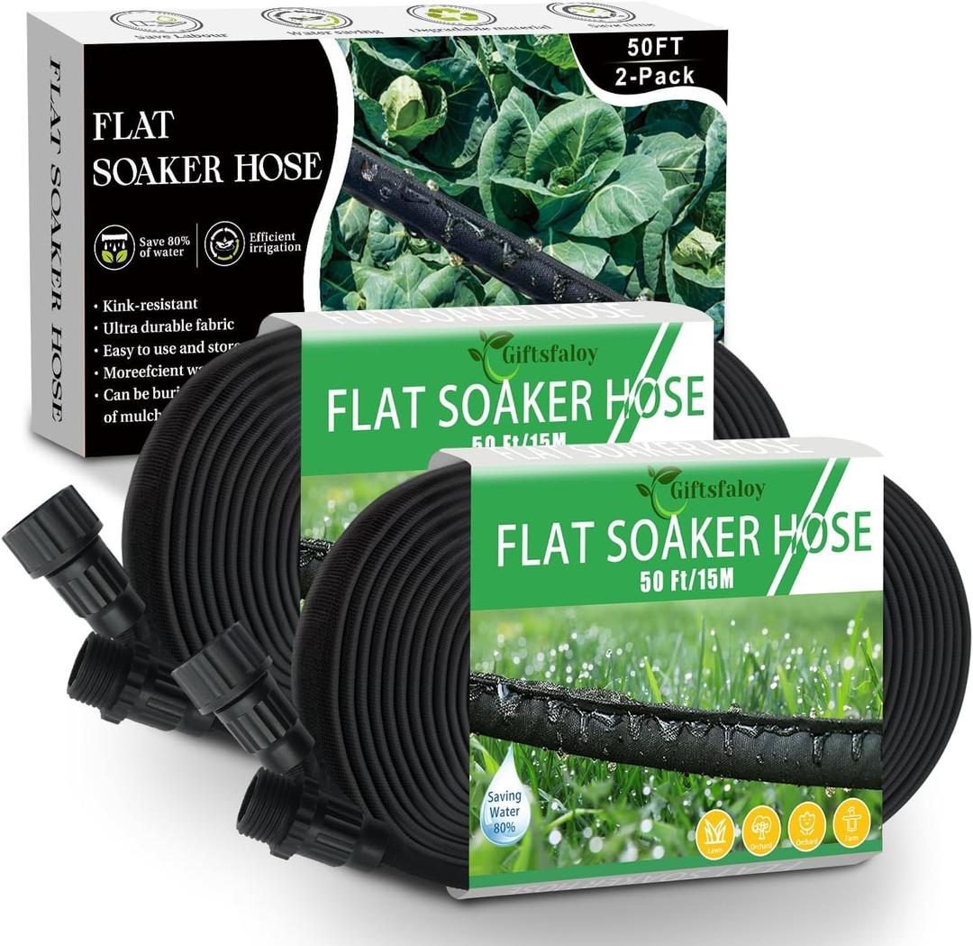 Flat Soaker Hose 100FT, Garden Hose with Heavy Duty Double Layer Design, Drip Irrigation Hose Saves 80% Water, Leak Proof Sprinkler Hose for Garden, Lawn, Vegetable plot