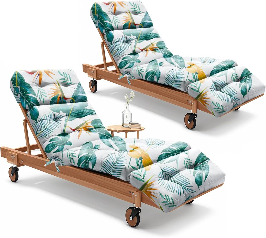 2 Pack Outdoor Chaise Lounge Chair Cushion 75.1 x 22.8 x 4.7 Inches 100% Waterproof Replacement Cotton Patio Pool Lounge Chair Cushion for Outdoor Furniture with Ties,Yellow-Green Leaf