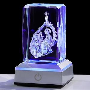 YWHL 3D Crystal Christmas Jesus Nativity Manger Scene Figurine with Colorful Light Base, Laser Engraved Birth of Baby Jesus Statue Religious Gifts, Holy Family Collectible Decor for Christian Catholic