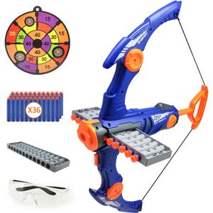 Toy Bow and Arrow for Nerf Gun Bullets, 12-Dart Clip Shot Foam Bullet Toy Archery Set with 36 Foam Darts 1 Goggle and Target, Birthday Gifts Party Game