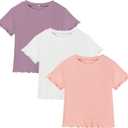 3 Pack Toddler Girl T-Shirts Ruffle Short Sleeve Baby Girls Top Basic Solid Ribbed Knite Casual Tees for Little Kid (18-24 Months, Purple/White/Pink)
