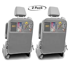 lebogner Car Kick Mats Back Seat Protector with 3 Storage Pockets, 2 X-Large Grey Seat Back Cover for Kids, Made from The Thickest Waterproof Material to Protect Backseat from Dirt and Scuff Marks