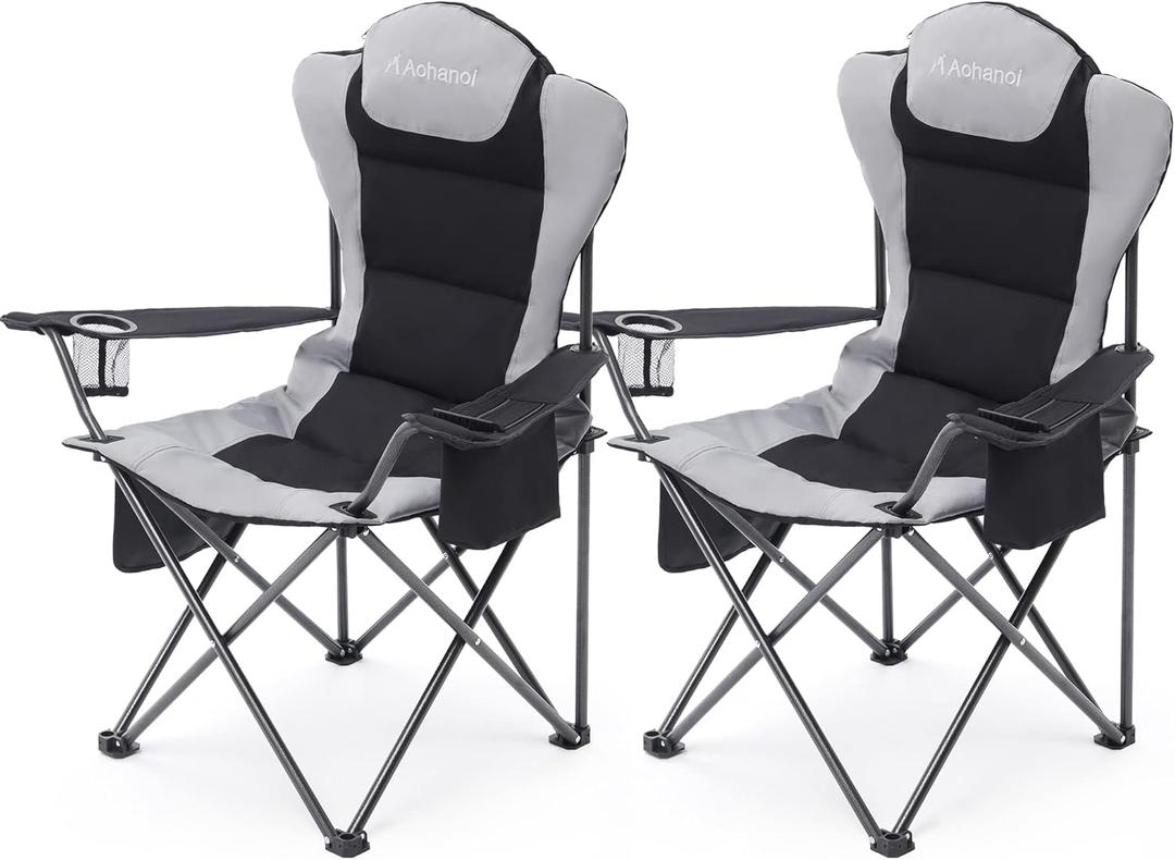 Aohanoi 2 Pack Camp Chairs for Heavy People, Outdoor Folding Camping Chairs with Cup Holder & Cooler Bag for Outside Supports up to 300lbs (2 Pcs, Black)