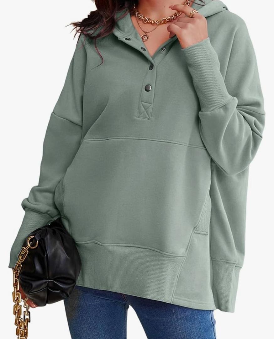AlvaQ Womens Oversized Sweatshirts Hoodies Fleece Button Neck Hooded Tops Casual Pullover Tunics Winter Outfits 2025, Size: S