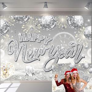 Happy New Year Backdrop 2026 Glitter Silver Fireworks New Years Eve Photography Background Silver Bokeh Backdrop for 2026 New Year Party Decorations (7x5FT210x150cm)