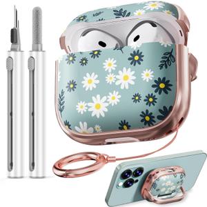 Inesore with Safety Lock for AirPods 4 Case,Clear Floral Cute AirPod 4th Generation Case for Women Girly with Cleaner Kit and Keychain- Green Daisy Flowers