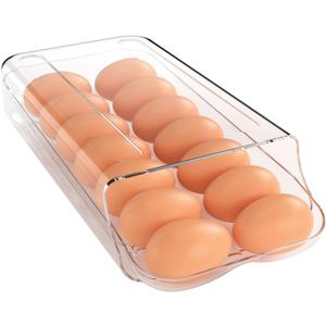 theaoo Egg Holder for Fridge, Automatic Rolling Egg Container for Refrigerator, Clear Plastic Egg Dispenser, Stackable Eggs Organizer with Quick Removable inner Tray For Organizers and Storage, 1Pack