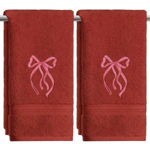 Artoid Mode 2 Pcs Red Bowknot Embroidered Hand Towels for Bathroom, 100% Cotton Soft Absorbent Farmhouse Decor Towels, 13.7 x 29.5 Inch