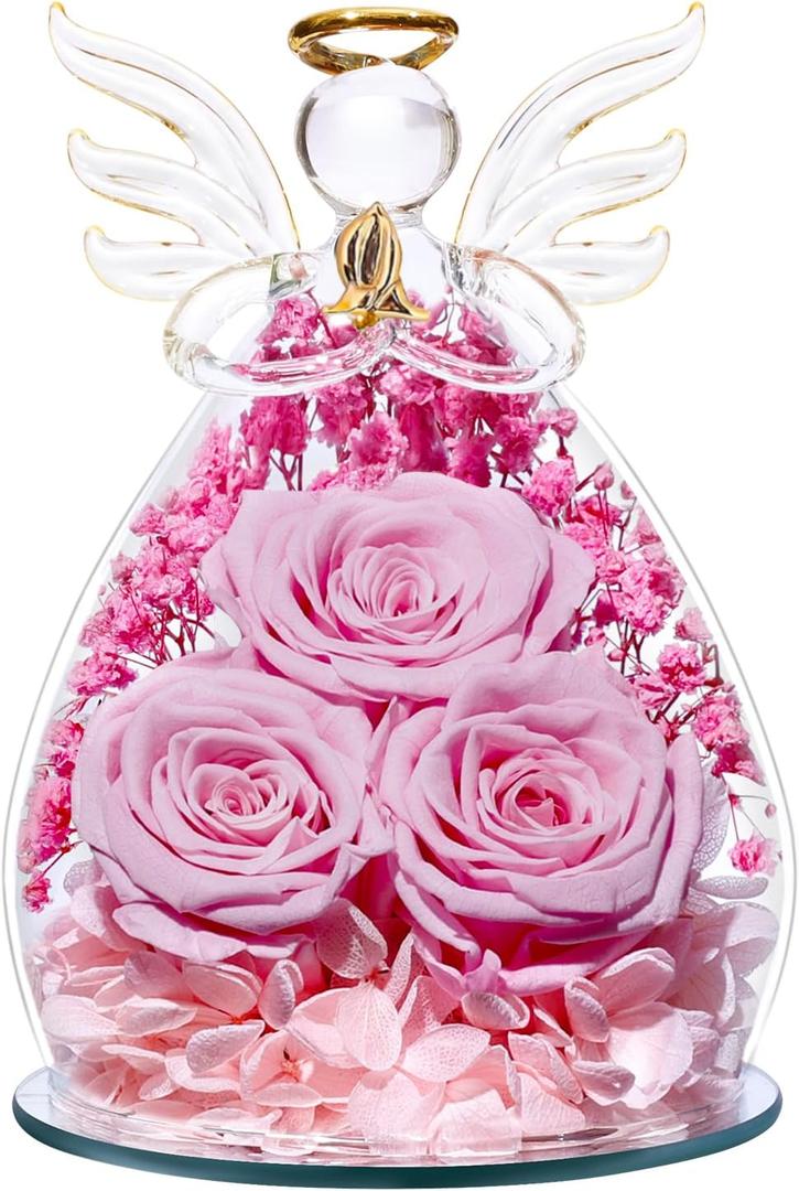 Beferr Valentines Day Rose Gifts for Her Women Mom Gifts for Birthday, Fresh Flowers for Delivery Forever Preserved Rose in Glass Angel Figurine, for Grandma Wife Daughter Girlfriend (B Light Pink)