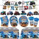 177pcs Monster Truck Birthday Decorations Plates Napkins Disposable Tableware Set Include Plates, Napkins, Cups, Cutlery, Banner, Hanging Swirls, Tablecloth for Monster Truck Party Supplies Serve 24