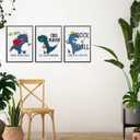 3Pcs Cartoon Dinosaur Wall Art Trio Set Music Sports Rock Themes Playful Canvas Prints Vibrant Color Posters Starry Gray Background Pictures Paintings for Kids Room Wall Decor Nursery Decoration Unframed