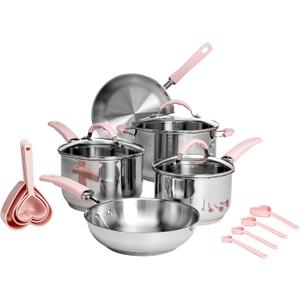 Paris Hilton Stainless Steel Pots and Pans Set with Stay-Cool Pink Handles, Tempered Glass Lids, Bonus Heart Shaped Measuring Cups and Spoons, Dishwasher Safe Cookware, 10-Piece Set