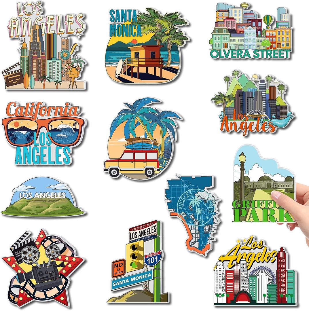 Xuhal 12 Pcs Los Angeles California Fridge Magnet USA Cities Big Magnetic Refrigerator Stickers Souvenirs Gifts for Refrigerator Home Decoration