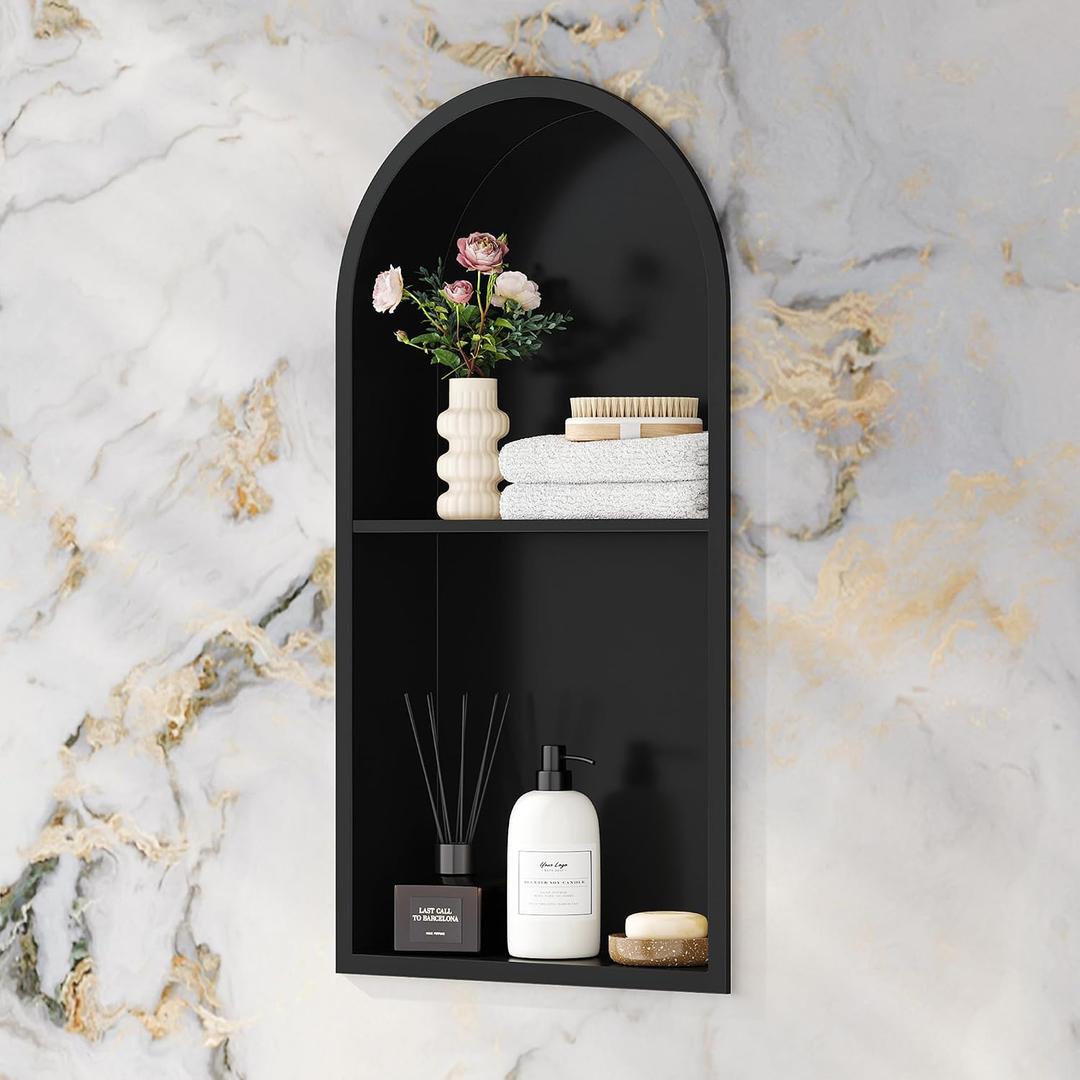 Stainless Steel Shower Niche 12" X 24", 2-Tiers Arched Niche, Black