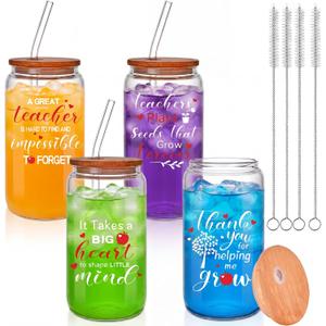 Zubebe 4 Pack 16 oz Teacher Appreciation Gifts Thank You Teacher Gift 2026 Graduation Gifts for Women Men Glass Coffee Cups Tumbler with Bamboo Lids, Glass Straw and Cleaning Brush(Classic)