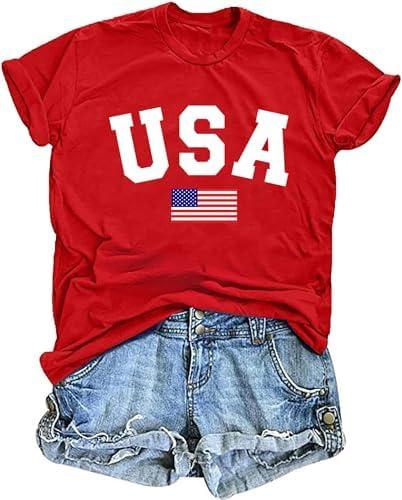 FCGHSII American Flag Shirts for Women: USA Flag Graphic Tee 4th July T Shirt Blouse Tops, Size: M