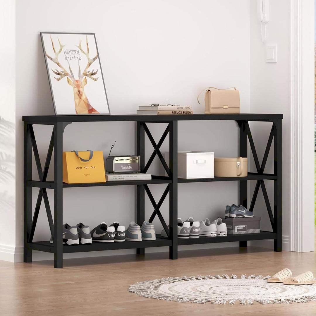 LVB Black Console Table, Modern Entryway Table with 3 Tier Storage Shelves, Industrial Sofa Table Behind Couch for Living Room, Farmhouse Wood Metal Entry Table for Hallway Foyer, Black Oak, 55 Inch