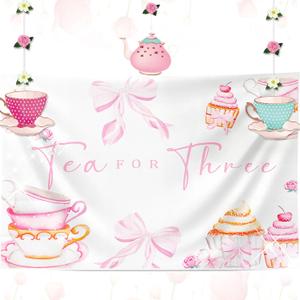 LaVenty Tea For Three Party Decorations Tea Party Decorations Tea Party Backdrop Tea Party Birthday Decorations Tea Parties Banner Floral Birthday Banner (Pink 3)