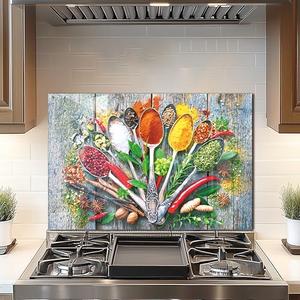 DAIFURONGE Tempered Glass Backsplash For Kitchen Behind Stove,Spice Stove Backsplash Top Cover,Easy to Clean Glass Splashback, Sink Cover Splash Guard,Home Kitchen Wall Decor (Art Deco 2, 30"x20"(76.2x50.8cm))