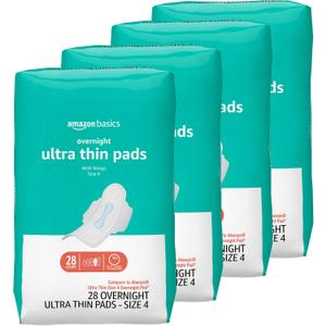 Amazon Basics Overnight Feminine Period Pads for Women, Ultra Thin with Flexi-Wings, Unscented, Size 4, 112 Count (4 Packs of 28)
