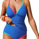 ZAFUL High Waisted Tummy Control Swimsuits Colorful 2 Piece Tankini Set Swimwear Cute V Neck Modest Summer Bathing Suit, L