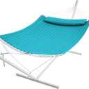 SUPERJARE Hammock with Stand, 2 Person Heavy Duty Hammock with Padded Cotton, Detachable Pillow & Strong Curved-Bar & Portable Carrying Bag, Perfect for Outdoor & Indoor, Sky Blue